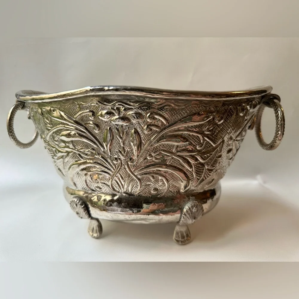 Silver Ornately Embossed Vintage Hammered Footed Planter, Bowl, Ice Bucket - Picture 6 of 7